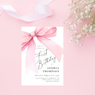 Elegant Pink Coquette Bow First BIrthday Girl Invitation