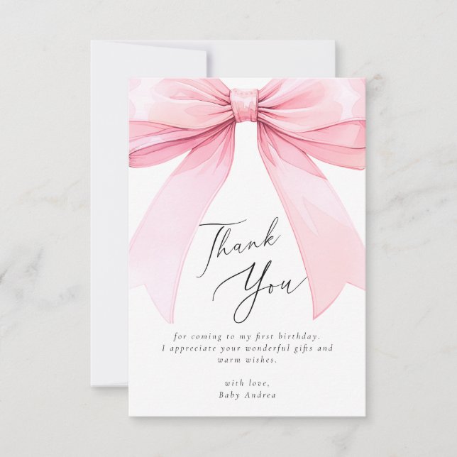 Elegant Pink Coquette Bow First Birthday Thank You Card (Front)