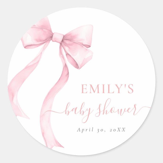 Elegant Pink Coquette Bow Girl Baby Shower Classic Round Sticker (Front)