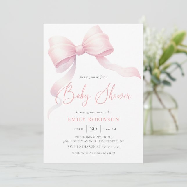 Elegant Pink Coquette Bow Girl Baby Shower Invitation (Standing Front)