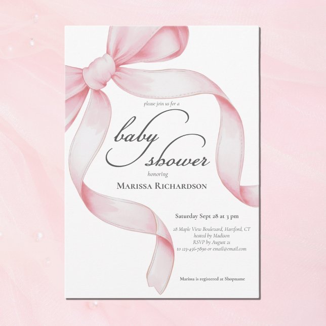 Elegant Pink Coquette Bow Girl Baby Shower Invitation (chic pink coquette bow baby girl shower invitation with script calligraphy, elegant parisian style)