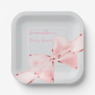 Elegant Pink Coquette Bow Girl Baby Shower Square Paper Plate