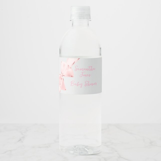 ~Elegant Pink Coquette Bow Girl Baby Shower Water Bottle Label (Front)