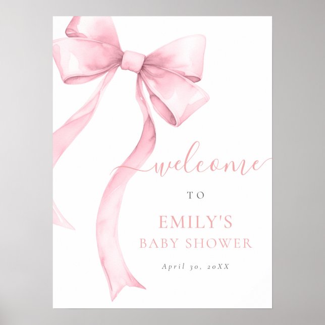 Elegant Pink Coquette Bow Girl Baby Shower Welcome Poster (Front)