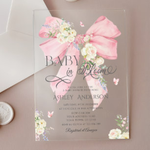 Elegant Pink Coquette Floral Bow Baby Shower Acrylic Invitations