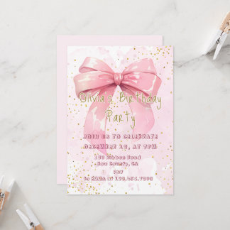 Elegant Pink Coquette Girly Bow Birthday Invitation