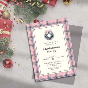 Elegant Pink Coquette Wreath Plaid Christmas Party Invitation