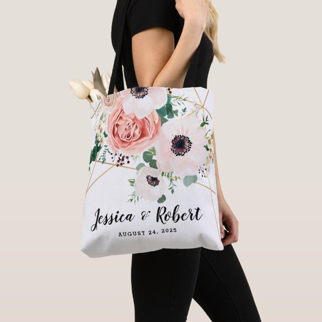 Elegant Pink Coral Blush Floral Botanical Custom Tote Bag (Close Up)