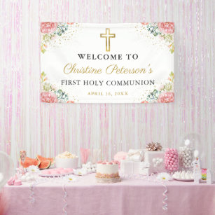 Elegant Pink Coral Floral First Holy Communion Banner