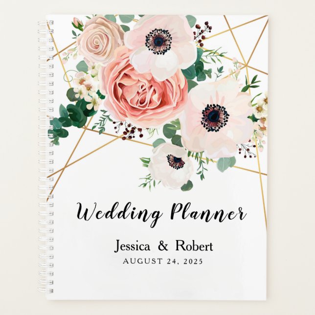 Elegant Pink Coral Flowers Wedding Personalise Planner (Front)