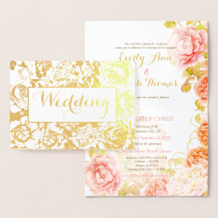 Elegant Pink, Coral Gold Foil Rose Wedding Card