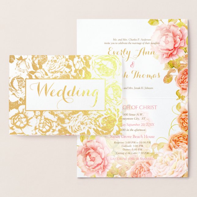 Elegant Pink, Coral Gold Foil Rose Wedding Card (Display)