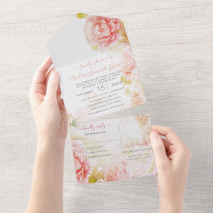 Elegant Pink Coral Secret Rose Garden Wedding All In One Invitation