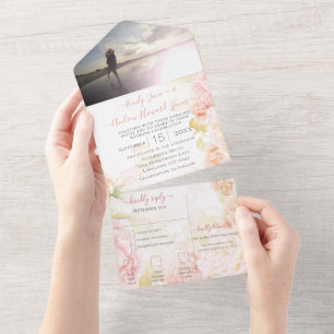 Elegant Pink Coral Secret Rose Garden Wedding  All In One Invitation