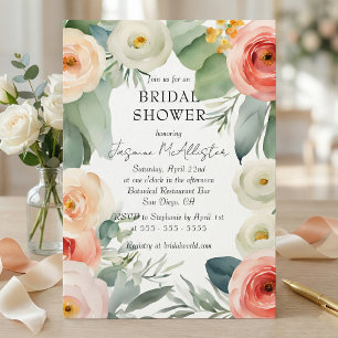 Elegant Pink Coral Watercolor Garden Bridal Shower Invitation