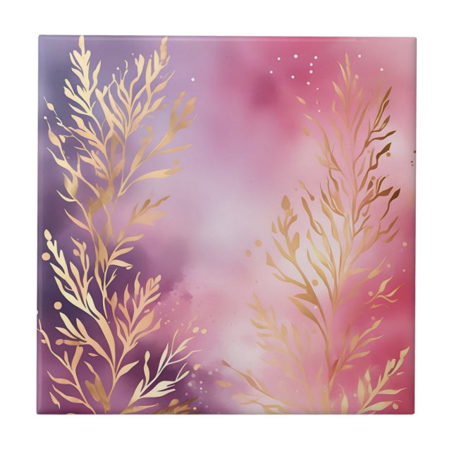Elegant Pink Coral with Gold Ceramic Tile (Front)