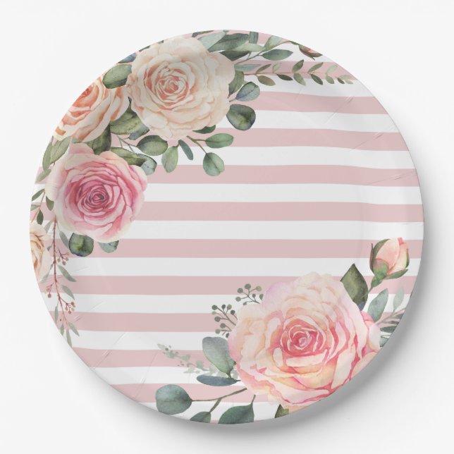 Elegant Pink Cream Floral Dream Stripe Paper Plate (Front)