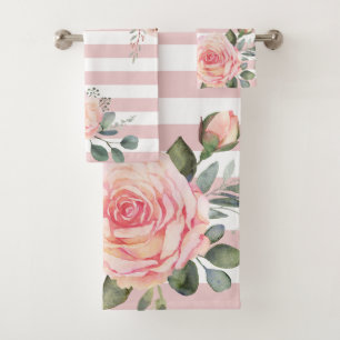 Elegant Pink Cream Floral Dream Stripes Watercolor Bath Towel Set