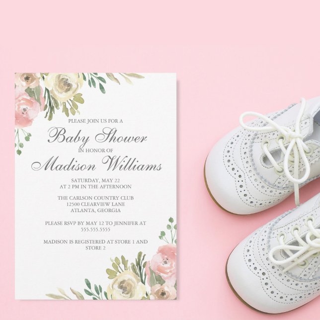 Elegant Pink Cream Floral Girl Spring Baby Shower Invitation (Creator Uploaded)