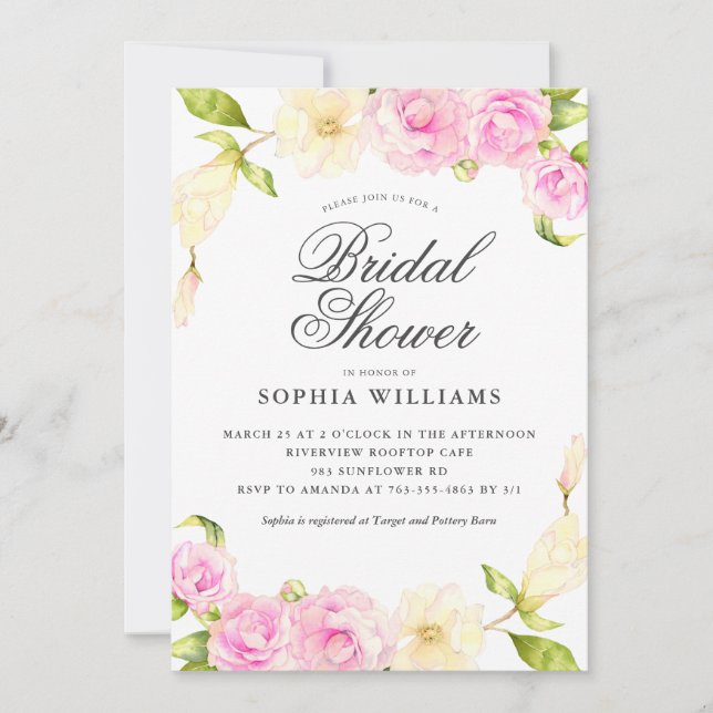Elegant Pink Cream Floral Wreath Bridal Shower Invitation (Front)