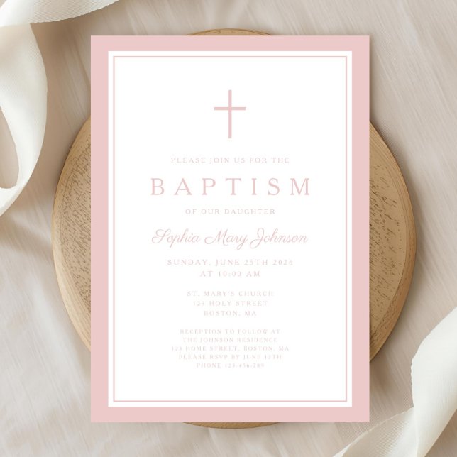 Elegant Pink Cross Baby Girl Baptism Invitation (Elegant Pink Cross Baby Girl Baptism Invitation)