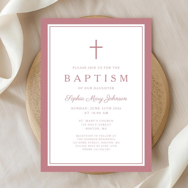 Elegant Pink Cross Baby Girl Baptism Invitation (Elegant Pink Cross Baby Girl Baptism Invitation)