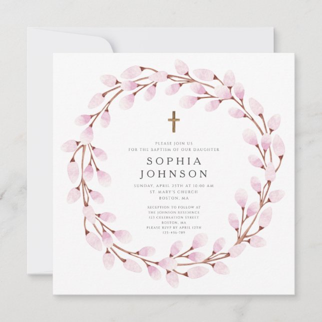 Elegant Pink Cross Baptism Invitation (Front)
