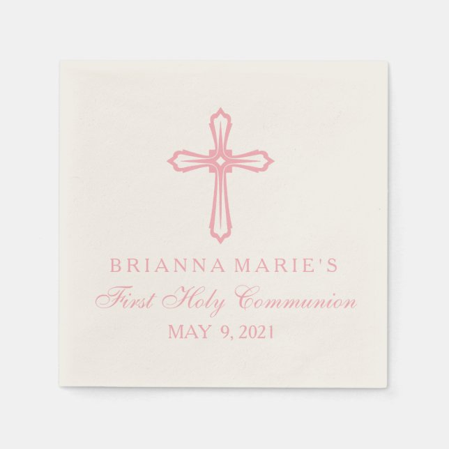 Elegant Pink Cross First Communion Custom Napkin (Front)