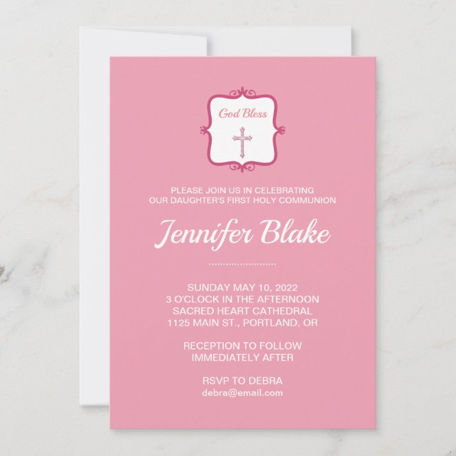 Elegant Pink Cross Girl First Communion Invitation (Front)