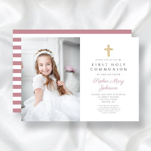 Elegant Pink Cross Girl First Communion Photo Invitation