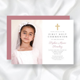 Elegant Pink Cross Girl First Communion Photo Invitation