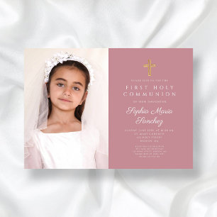 Elegant Pink Cross Girl First Communion Photo Invitation
