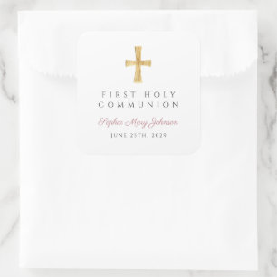 Elegant Pink Cross Girl First Communion Square Sticker