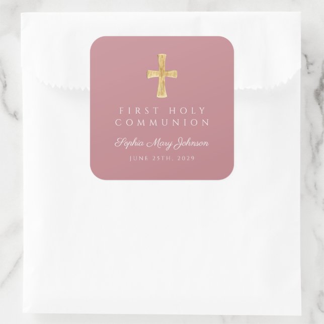 Elegant Pink Cross Girl First Communion  Square Sticker (Bag)