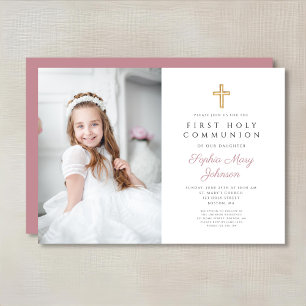 Elegant Pink Cross Girl Photo First Communion Invitation