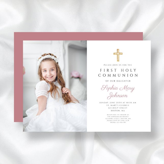 Elegant Pink Cross Girl  Photo First Communion Invitation (Pink Religious Cross Girl First Communion Photo Invitation)