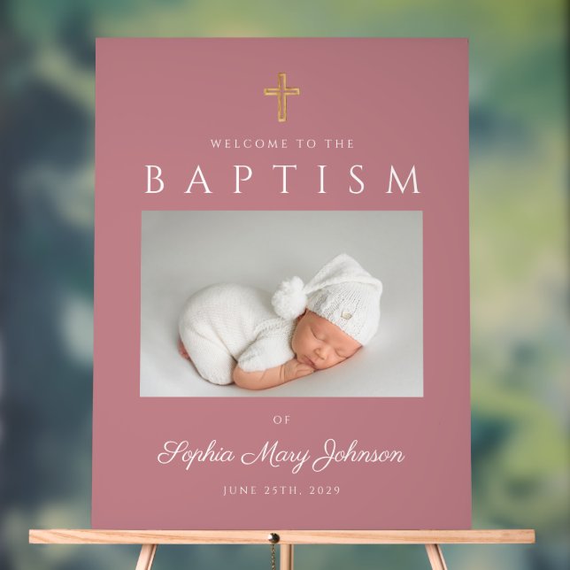 Elegant Pink Cross Photo Girl Baptism Welcome Acrylic Sign (Neutral)