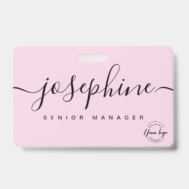 Elegant Pink custom business logo script name ID Badge (Front)