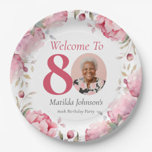 Elegant Pink Custom Photo Floral 80th Birthday Paper Plate