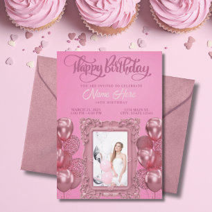 Elegant Pink Custom Photo Teen Birthday  Invitation