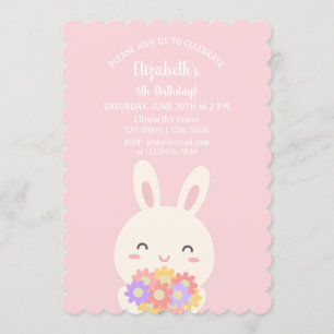 Elegant Pink Cute Bunny & Flowers Girl Birthday Invitation