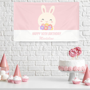 Elegant Pink Cute Rabbit & Flowers Girl Birthday Banner