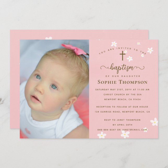 Elegant Pink Daisies Girl Religious Baptism Photo Invitation (Front/Back)