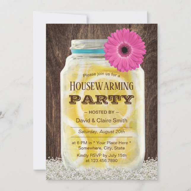 Elegant Pink Daisy Lemonade Jar Housewarming Party Invitation (Front)