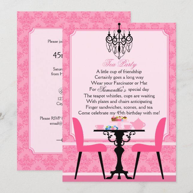 Elegant Pink Damask Birthday Tea Party Invitation (Front/Back)