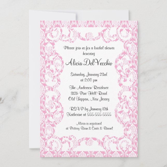Elegant Pink Damask Bridal Shower Invitation (Front)