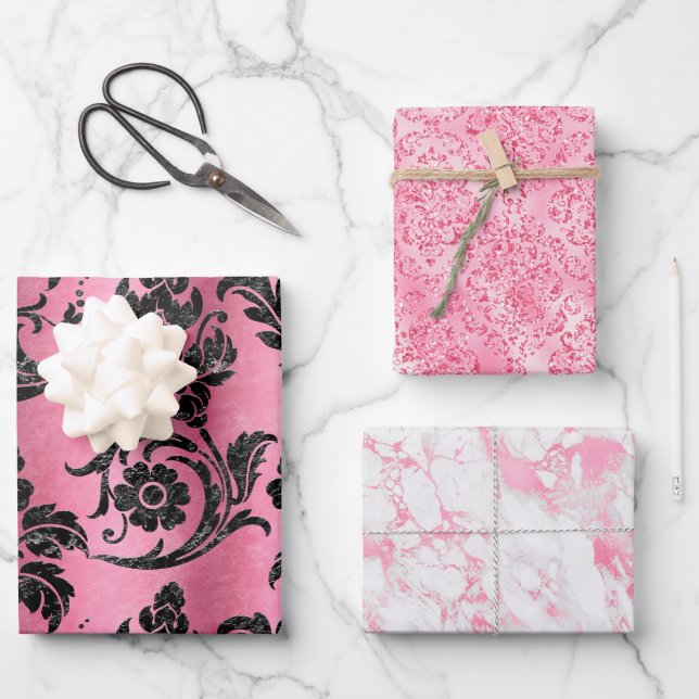 Elegant Pink Damask Glitter Gift Wrapping Paper Sheet (Front)