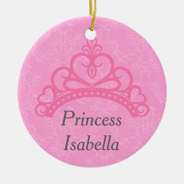 Elegant Pink Damask, Princess Tiara Ceramic Ornament (Front)