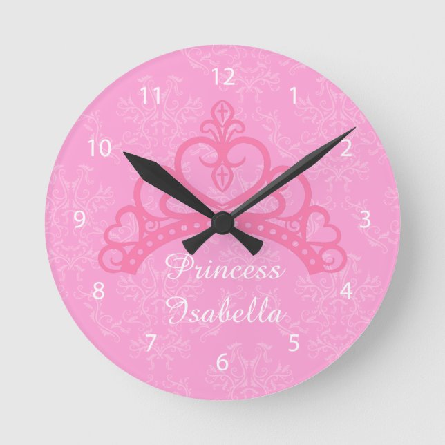 Elegant Pink Damask, Princess Tiara, For Girls Round Clock (Front)