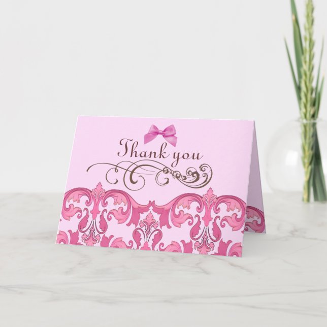 Elegant Pink Damask Thank You Card (Front)